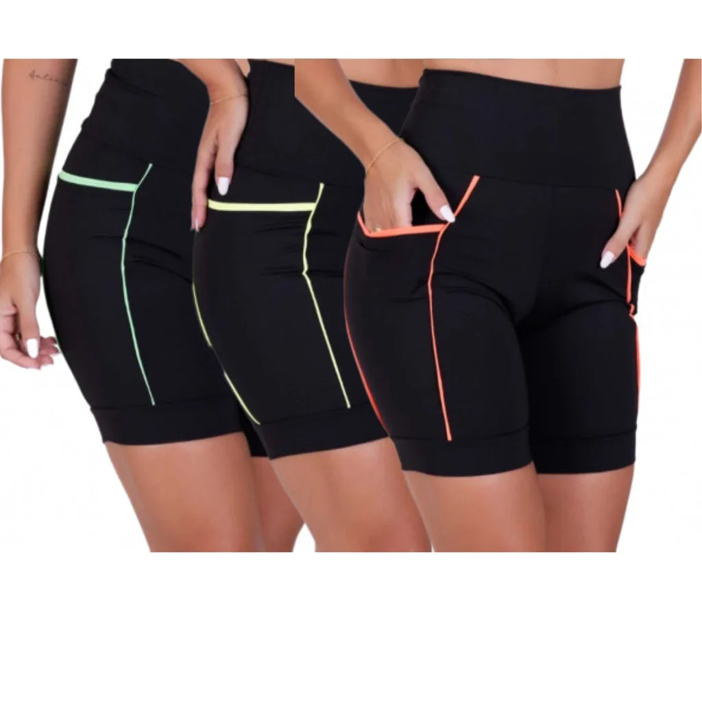 Kit 3 Bermudas Fitness Feminina com Cós Alto e Bolsos Fundos - PowerFit 3X